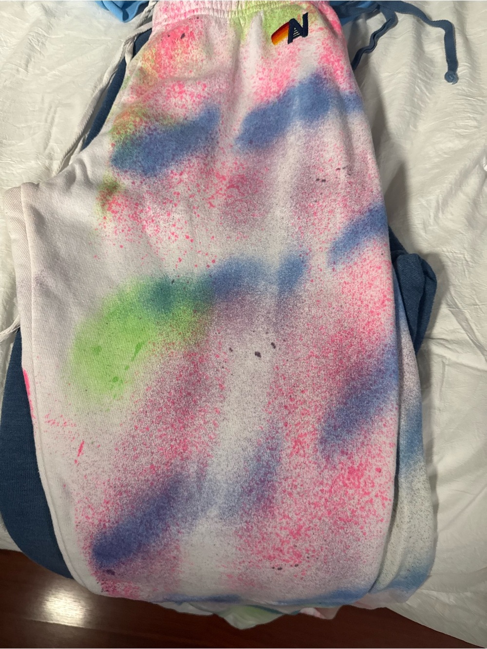 Aviator Nation White Tie-Dye Track Joggers with Pink, Blue & Green Splatter